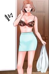 bare_legs bare_shoulders bare_thighs bra breasts brown_hair closed_eyes full_color lipstick manhwa manhwa_edit pornhwa seong-yoon shirt_removed short_hair skirt teacher the_tutor thighs undressing webtoon