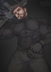 1boy 2021 alternate_version_available bara barazoku beard capcom chris_redfield clothing fully_clothed hi_res highres looking_at_viewer male male_only manly mature_male muscular_male resident_evil resident_evil_8:_village solo soynutts tight_clothing