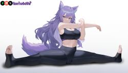 1girls ai_generated big_breasts bra breasts cameltoe curvy cute dog_ears dog_girl doggirl female female_focus female_only highres hips huge_boobs huge_breasts kemonomimi light_skin light_skinned_female long_hair patreon_username petgirl petite purple_ears purple_eyes purple_hair purple_tail splits sports_bra thick_thighs thighs tight_clothing tori toriwoofs watermark wavy_hair white_skin white_skinned_female wide_hips wolf_ears yoga_pants