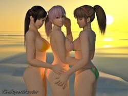 3d 3d_(artwork) 3d_model 3girls ayane_(doa) beach black_hair blue_eyes brown_hair dead_or_alive dead_or_alive_5 dead_or_alive_5_last_round dead_or_alive_xtreme_beach_volleyball female/female/female girls girls_only green_bikini group hitomi_(doa) koei_tecmo kokoro_(doa) lavender_hair looking_at_another looking_at_partner looking_at_viewer looking_away looking_back multiple_females multiple_girls on_back only_female orange_bikini photorealistic ponytail purple_bikini purple_hair red_eyes serious serious_face serious_look standing sunset tecmo teenage_girl thesuperwarrior(artist) younger_female