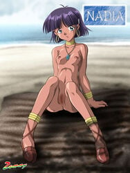 1girls 2005 anus ass beach blue_eyes breasts censored character_name choker cross-laced_footwear curvaceous dark-skinned_female dark_skin earrings female footwear_only functionally_nude functionally_nude_female fushigi_no_umi_no_nadia gainax hair_ornament hairclip hoop_earrings human jewelry large_breasts looking_at_viewer nadia_la_arwall naked_footwear necklace nipples nonsexual_nudity nude nudism nudist princess purple_hair pussy sandals short_hair sitting small_breasts solo zummy