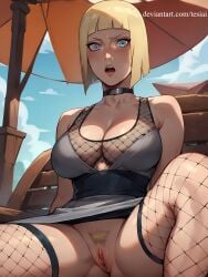 1girls adapted_costume ai_generated alternate_costume artist_name beach beach_chair beach_umbrella big_breasts blonde_hair blue_eyes blush bob_cut breast_press breasts center_opening chair choker cleavage clothing detached_sleeves detailed_background deviantart_username dress embarrassed exposed_pussy hairy_pussy huge_breasts human indoors konohagakure_symbol kunoichi large_breasts lipstick looking_at_viewer makeup mature mature_female mature_woman nai_diffusion naruto naruto_(series) naruto_shippuden nature ninja nipples no_bra no_bra_under_clothes no_panties obi oppai patreon_username pinup presenting presenting_pussy pubic_hair revealing_clothes sagging_breasts samui skirt stable_diffusion stockings teasing teasing_viewer tesiai umbrella upper_body url voluptuous voluptuous_female watermark web_address