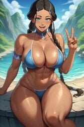 1girls ai_generated avatar_legends avatar_the_last_airbender dark_skinned_female female inuit katara looking_at_viewer peace_sign peaches slutty_outfit stable_diffusion swimsuit tongue_out v voluptuous_female water_tribe