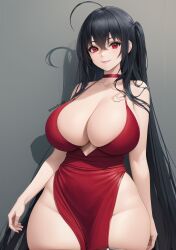 ahoge ai_generated aiartforall azur_lane black_hair cleavage dress huge_breasts large_breasts long_hair looking_at_viewer red_eyes smile solo taihou_(azur_lane) thighs