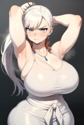 1girls ai_generated big_breasts daidouji_(artist) daidoujipv huge_breasts long_hair looking_at_viewer ponytail rwby weiss_schnee white_hair