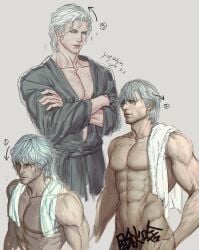 abs after_shower bara bare_pectorals blue_eyes collarbone dante devil_may_cry devil_may_cry_4 devil_may_cry_5 dilf eyelashes facial_hair jawline large_pectorals long_hair long_hair_male looking_at_viewer male_only manly mature_male multiple_views muscular naked naked_male navel nipples pecs pectorals pretty_boy realistic realistic_anatomy realistic_style simple_background smile solo_male standing toned toned_male topless topless_male upper_body wet wet_body wet_hair white_hair