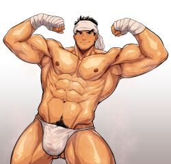 1boy 2024 bandana bara barazoku blush bulge capcom flexing_bicep fundoshi hi_res highres japanese_clothing kimakkun looking_at_viewer male male_nipples male_only male_pubic_hair muscular_male nipples penis_outline ryu_(street_fighter) street_fighter street_fighter_6 underwear