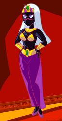 alien alien_girl alien_humanoid armbands black_body crown duck_dodgers facial_mark golden_bikini_top looney_tunes martian martian_(duck_dodgers) necklace pills-in-a-little-cup purple_eyes purple_skirt queen_tyr'ahnee see-through_skirt white_hair