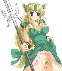 breasts female female_only human pointy_chin polearm pubic_hair pussy ribbon riesz seiken_densetsu seiken_densetsu_3 skirt skirt_lift solo spear uncensored weapon