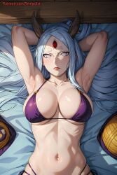 1girls adapted_costume ai_generated alien_girl armpits arms_behind_head arms_up big_breasts bikini bikini_bottom bikini_top breasts byakugan cleavage clothes_on_bed clothes_removed commentary female female_focus female_only from_above goddess horns huge_breasts large_breasts light-skinned_female light_skin lipstick long_hair makeup mature mature_female mature_woman midriff milf nai_diffusion naruto naruto_(series) naruto_shippuden otsutsuki_kaguya pale-skinned_female pale_skin patreon_username red_eye rinne_sharingan solo stable_diffusion temptart text third_eye upper_body url very_long_hair viewed_from_above voluptuous voluptuous_female web_address white_eyes white_hair white_skin