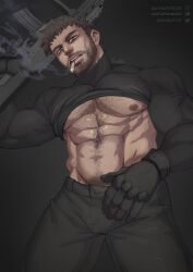 1boy 2021 alternate_version_available bara barazoku beard beefy capcom chris_redfield clothing daddy hi_res highres looking_at_viewer male male_nipples male_only manly mature_male muscular_male nipples resident_evil resident_evil_8:_village solo soynutts tight_clothing tough_guy