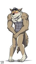 abs absurd_res anthro blush clothing ear_piercing embarrassed epic_games fortnite headgear headgear_only headwear headwear_only hi_res juniorjosi male male_only mostly_nude piercing simple_background solo standing wendell_(fortnite) wolfy-nail