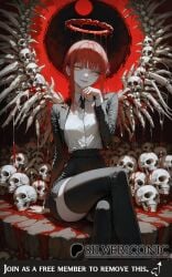 , ai_generated arm_support black_stockings black_suit blood blood_drip chainsaw_man crossed_legs halo hand_on_chin icosilveraiart makima_(chainsaw_man) self_upload sfw_version sitting smile smiling suit tagme text tight_clothing tight_skirt zettai_ryouiki