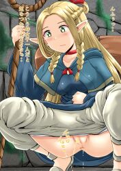 anus_peek blonde_hair blush delicious_in_dungeon dungeon_meshi female have_to_pee homare_(suzu_no_oka) japanese_text looking_around marcille_donato no_panties omorashi peeing peeing_outside pointy_ears pussy sweatdrop translation_request urinating_female urination urine urine_pool urine_stream