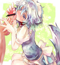 blue_eyes blush braid censored dog_ear dog_tail fellatio fur inu_sakuya kemonomimi_mode licking maid oral penis pointless_censoring sakuya_izayoi tail tongue tora touhou twin_braids