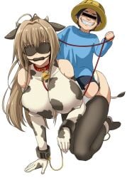 1boy 1girls age_difference all_fours amagi_brilliant_park animal_ears animal_print antenna_hair bell between_breasts bit_gag black_blindfold black_thighhighs blindfold bondage breast_press breasts brown_hair censored commentary_request covered_eyes covered_nipples cow_ears cow_girl cow_horns cow_print cow_tail cowbell cuffs elbow_gloves female femsub gag gagged gloves grin handcuffs hanging_breasts hat horns identity_censor kindergarten_uniform long_hair male maledom petplay pony_play ponyplay rebake rebake-1453 riding school_hat sento_isuzu shorts simple_background size_difference small_dom_big_sub smaller_male smile straight sweat tail thighhighs white_background
