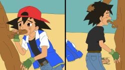 ash_ketchum blowjob bowjob bulge horny male male_only muscular_male oral pokemon satoshi_(pokemon) skinny toony younger_male