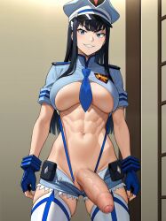 ai_generated black_hair blue_eyes futa_only futadom futanari futanari hjqjjwbeb huge_cock kill_la_kill kiryuuin_satsuki open_clothes police police_uniform shorts skimpy skimpy_clothes