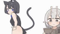 2girls animated ass black_ears black_hair blue_eyes blush blush_lines cat_ears cat_tail catgirl daebom female gif m18_hellcat patreon slap slapping_butt suggestive suggestive_gesture suggestive_pose swimsuit tagme war_thunder