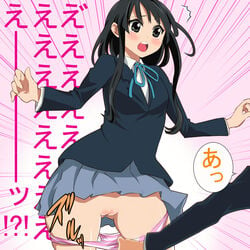 black_hair blush bottomless breasts color enf female human human_only k-on! kuroino medium_breasts mio_akiyama_(k-on!) panties panty_pull pointy_chin pussy school_uniform solo_focus striped striped_panties surprised translated uncensored underwear