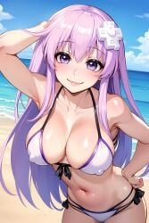 1girls ai_generated beach bikini large_breasts long_hair nepgear neptunia_(series) nipple_bulge one_arm_up purple_eyes purple_hair smile