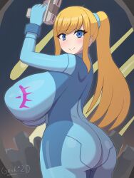 1girls ass big_ass big_breasts blonde_hair blue_eyes blush bodysuit busty female female_only genki2d large_breasts looking_at_viewer looking_back metroid nintendo ponytail samus_aran solo solo_female solo_focus thick_thighs thighs wide_hips zero_suit_samus