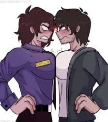 2boys angry angry_expression five_nights_at_freddy's five_nights_at_freddy's:_sister_location five_nights_at_freddy's_(film) fnaf gay josh_hutcherson low_res low_resolution lowres man_boobs man_tits michael_afton mike_schmidt mike_schmidt_(fnaf) mixanprixa moobs no_sex pecs pectoral_docking pressing_breasts pressing_breasts_together security_guard security_uniform selfcest uniform yaoi