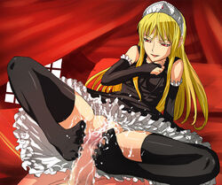 black_legwear black_thighhighs blonde_hair bridal_gauntlets censored clothing cum cum_on_body cum_on_clothes cum_on_feet cum_on_lower_body cum_on_thighhighs dress ejaculation feet female femdom footjob footjob_with_legwear fura hime_(kaibutsu_oujo) jpeg_artifacts kaibutsu_oujo lilianne lingerie long_hair male naughty_face no_panties penis petticoat pov red_eyes smile spread_legs stockings straight thighhighs tiara toe_socks toes underwear very_long_hair window