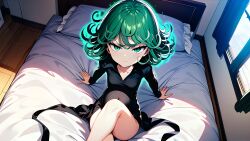 1girls ai_generated annoyed annoyed_expression bed bedroom black_dress black_shoes crossed_legs dark_dress green_eyes green_hair happy laying_on_bed lying_on_bed one-punch_man petite pregnant pregnant_female short_hair slender slender_legs slender_waist smile tatsumaki tiny tsundere