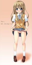 blonde_hair blue_eyes blush eyebrows female footwear highres human human_only k-on! loafers long_hair no_panties pointy_chin pussy saxasa_kisuk school_uniform shoes skirt skirt_lift socks solo sweater_vest translated tsumugi_kotobuki_(k-on!) uncensored white_legwear white_socks