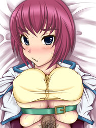 belt black_eyes blush breasts female hazuki_yuu hunter_(ragnarok_online) large_breasts lying male paizuri paizuri_under_clothes penis pink_hair pov ragnarok_online short_hair straight straight_hair sweat uncensored underboob