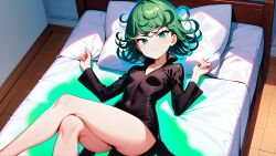 1girls ai_generated bed bedroom black_dress black_shoes crossed_legs dark_dress green_eyes green_hair happy laying_on_bed lying_on_bed one-punch_man petite short_hair slender slender_legs slender_waist smile tatsumaki tiny