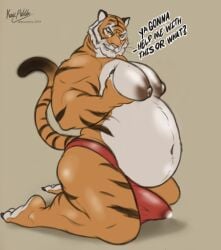 anthro belly big_belly big_moobs clothing dialogue english_text epic_games felid fortnite hi_res huge_belly husky2paws male male_only mammal moob_grab moobs navel obese obese_anthro obese_male orange_body orange_tail oscar_(fortnite) overweight overweight_anthro overweight_male pantherine red_clothing solo solo_male stripes tail talking_to_viewer teeth text tiger