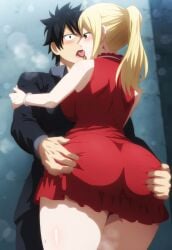 ai_generated black_hair blonde_hair fairy_tail french_kissing gray_fullbuster groping_ass imminent_sex lucy_heartfilia red_dress romantic_couple