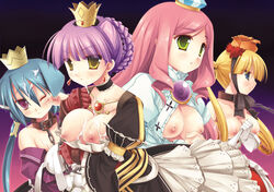 4girls 7th_dragon blonde_hair blue_eyes blue_hair braid breasts chains clothes collar crown cum cum_on_body cum_on_breasts cum_on_hair cum_on_upper_body facial female female_only flat_chest gloves green_eyes long_hair miyasu_risa multiple_girls nipples open_clothes open_shirt pink_hair princess_(7th_dragon) purple_background purple_eyes purple_hair risaccho sega shirt short_hair tied_hair twintails yellow_eyes