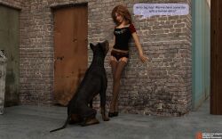 1animal 1girls 3d brick_wall brown_hair canine domestic_dog english_text garter_belt garter_straps high_heels imminent_bestiality medium_hair outdoors question slutty_outfit speech_bubble sting3d stockings text_on_clothing topwear zoophilia