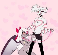 1boy 1boy1girl 1girls angel_dust_(hazbin_hotel) blush blushing breasts chain cleavage collar demon erect_penis erection fallen_angel female femsub grey-skinned_female grey_skin hair_accessory hair_bow hair_over_one_eye handjob hazbin_hotel heterochromia long_hair male male/female male_dominating male_dominating_female maledom moth_girl navel nude penis pink_markings self_upload sharp_teeth smile spider_humanoid spidermoth straight tagme vaggie_(hazbin_hotel) white_fur white_hair wings xeebar