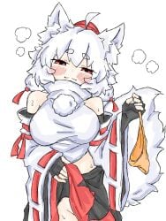 armwear big_breasts blush blush blush_lines breasts fumomono6500 gloves holding_panties large_breasts lifting_skirt momiji_inubashiri orange_panties panties_aside panties_removed pussy_out_of_frame red_eyes red_hat skirt skirt_lift steam steaming_body sweat sweatdrop sweating sweaty touhou white_hair