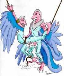 alyn_gryphon anthro archaeopteryx bodily_fluids bondage bondage bound cum cum_inside dinosaucers dinosaur duo female genital_fluids low_res male male/female reptile scalie teryx_(dinosaucers) theropod