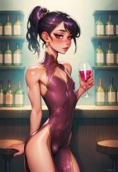 ai_generated black_hair blush bulge bulge_through_clothing china_dress earrings femboy looking_at_viewer male_focus male_only nipples_visible_through_clothing noredeemingvalue ponytail wine wine_glass