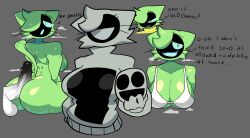 blue_eyes bra breasts cat_ears cat_tail catgirl gaster gaster_follower_1_(undertale) gluecu gray_background green_body monster_girl naked_female scared_donut_guy