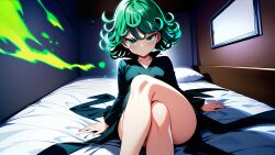 1girls ai_generated annoyed annoyed_expression bed bedroom black_dress black_shoes crossed_legs dark_dress green_eyes green_hair happy laying_on_bed lying_on_bed one-punch_man petite pregnant pregnant_female short_hair slender slender_legs slender_waist smile tatsumaki tiny tsundere