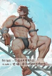 1boy 2024 bara barazoku beard_stubble bulge gallagher_(honkai:_star_rail) hi_res highres honkai:_star_rail jiyeyongsheng jockstrap male male_nipples male_only manly mature_male muscular_male nipples penis_outline solo solo_male underwear