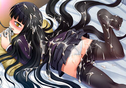 bed black_hair bukkake controller cum cum_on_body cum_on_clothes cum_on_hair cum_on_lower_body cum_on_upper_body cum_pool feet female_protagonist_(houkago_play) game_controller gamepad girls_playing_games houkago_play kouki_kuu long_hair lowres lying panties pantyhose playing_games underwear very_long_hair video_game white_panties yellow_eyes