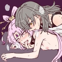 2girls blush female finger_in_mouth flat_chest fu_xuan_(honkai:_star_rail) grey_hair hair_ornament honkai:_star_rail honkai_(series) implied_sex long_hair multiple_girls nipples pink_eyes pink_hair short_hair steam stelle_(honkai:_star_rail) torinone yellow_eyes yuri