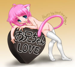 blue_eyes blush cat_ears chocolate happy_valentine heart himadarou nude original pink_hair pussy short_hair straight_hair tail thighhighs valentine