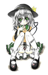 censored green_eyes hat heart heart_of_string koishi_komeiji kurona mary_janes panties panties_around_leg panties_around_one_leg pussy shoes short_hair silver_hair sitting solo spread_pussy thighhighs touhou underwear