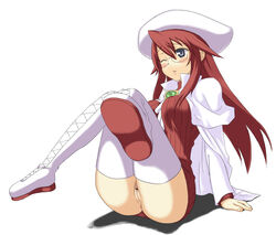 aty blue_eyes blush boots bottomless breasts cape censored glasses hat hou_(hachiyou) legs legs_up long_hair no_panties pointless_censoring pubic_hair pussy red_hair sitting summon_night summon_night_3 thighhighs white_background wink