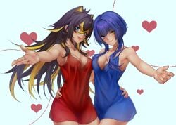 2girls arm_around_waist armpits bare_shoulders black_hair blue_eyes blush breasts brown_skin candace_(genshin_impact) cleavage closed_mouth collarbone dark-skinned_female dark_skin dehya_(genshin_impact) genshin_impact hair_between_eyes hair_down hair_ears heart heterochromia ianzky lingerie long_hair looking_at_viewer multicolored_hair multiple_girls open_mouth outstretched_arms purple_hair simple_background smile tan_skin twintails underwear very_long_hair yellow_eyes