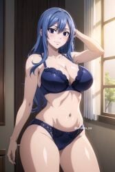 1girls ai_generated arisato_yu blue_bra blue_eyes blue_hair blue_panties blue_underwear blush bra breasts clothing fairy_tail female juvia_lockser large_breasts long_hair looking_at_viewer panties smile underwear